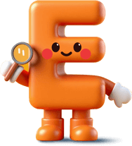 An orange cartoon letter E with a face, holding a magnifier