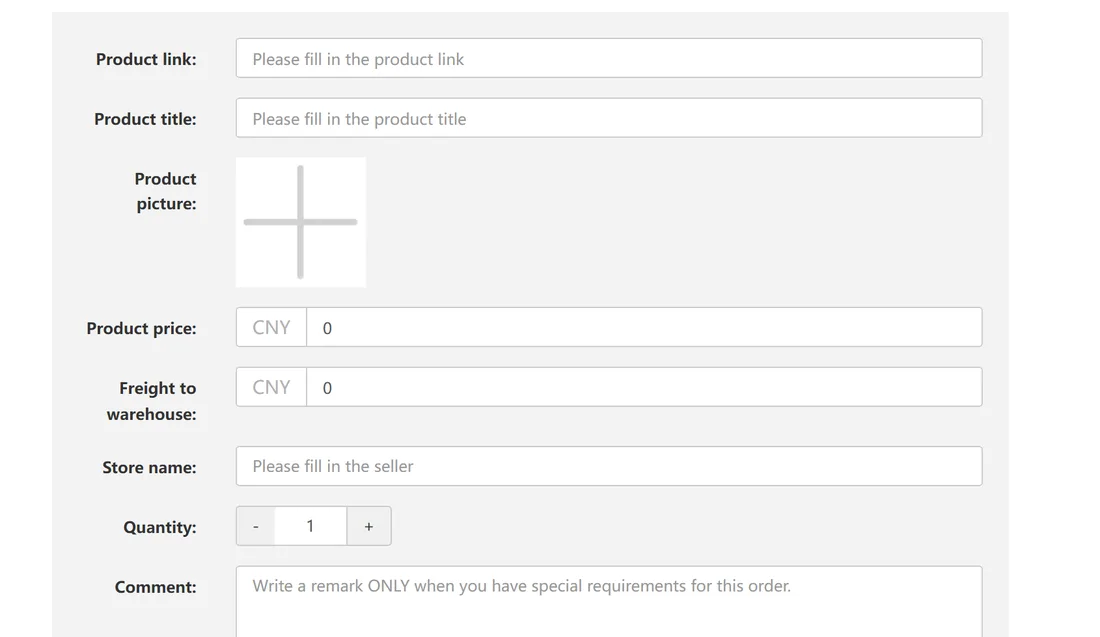 EastMallBuy DIY form requesting the seller URL, item name, price, quantity and order note