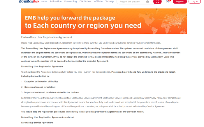The user registration agreement page, listing limitation of liability and governing law among the clauses it asks you to accept
